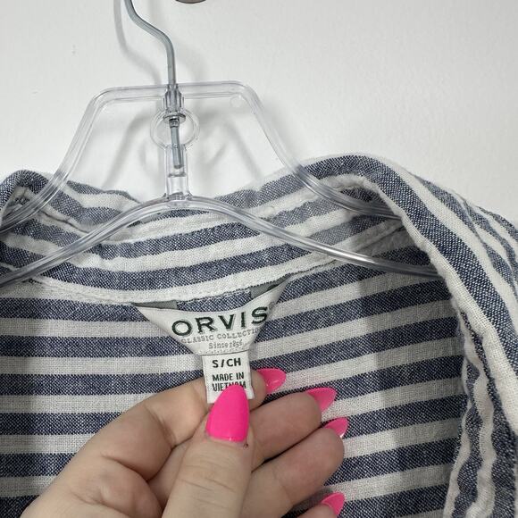 Orvis Womens S Boxy Blue White Stripe Short Sleeve Linen Blend Button Down - Picture 2 of 4